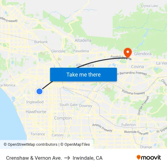 Crenshaw & Vernon Ave. to Irwindale, CA map