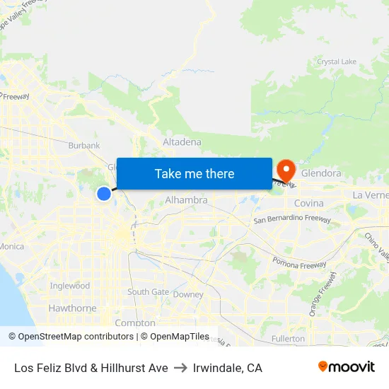 Los Feliz Blvd & Hillhurst Ave to Irwindale, CA map