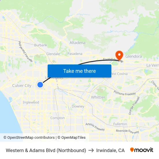 Western & Adams Blvd (Northbound) to Irwindale, CA map