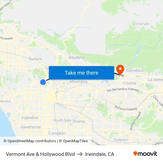 Vermont Ave & Hollywood Blvd to Irwindale, CA map