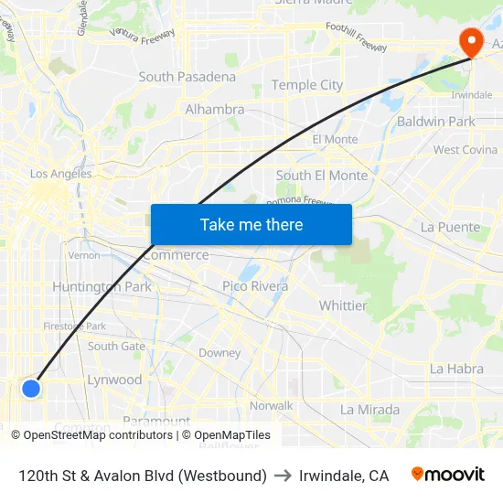 120th St & Avalon Blvd (Westbound) to Irwindale, CA map