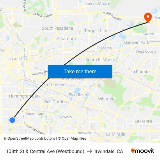 108th St & Central Ave (Westbound) to Irwindale, CA map
