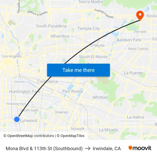Mona Blvd & 113th St (Southbound) to Irwindale, CA map