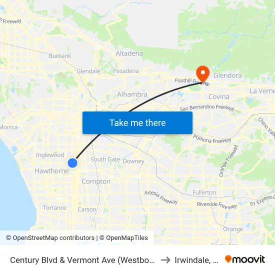 Century Blvd & Vermont Ave (Westbound) to Irwindale, CA map
