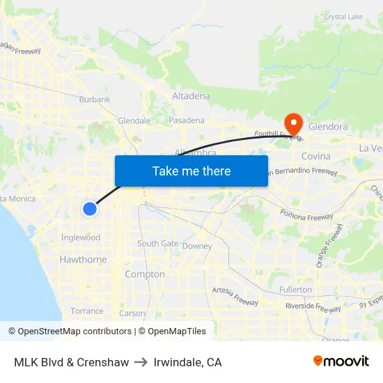 MLK Blvd & Crenshaw to Irwindale, CA map