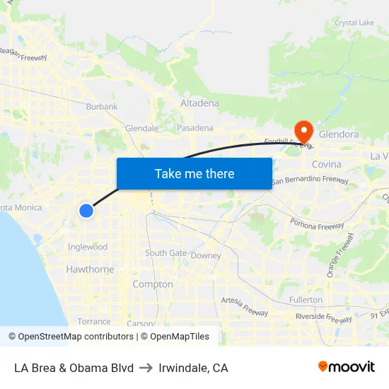 LA Brea & Obama Blvd to Irwindale, CA map