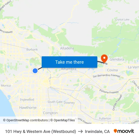 101 Hwy & Western Ave (Westbound) to Irwindale, CA map