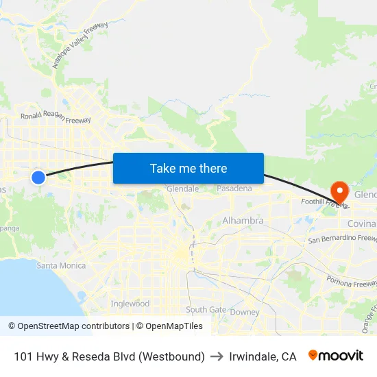 101 Hwy & Reseda Blvd (Westbound) to Irwindale, CA map