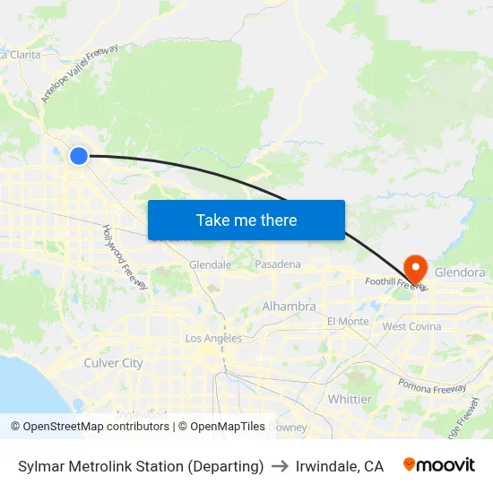 Sylmar Metrolink Station (Departing) to Irwindale, CA map