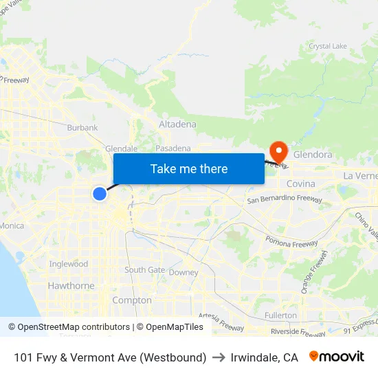 101 Fwy & Vermont Ave (Westbound) to Irwindale, CA map