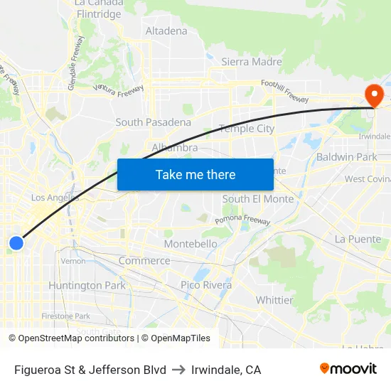 Figueroa St & Jefferson Blvd to Irwindale, CA map
