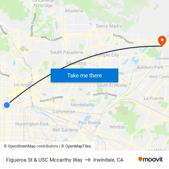 Figueroa St & USC Mccarthy Way to Irwindale, CA map