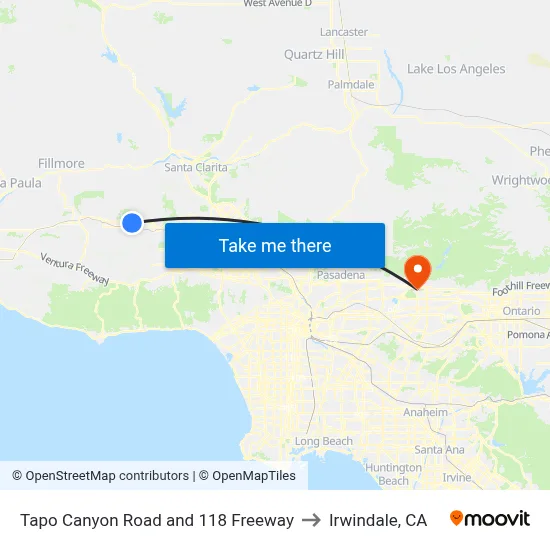 Tapo Canyon Road and 118 Freeway to Irwindale, CA map