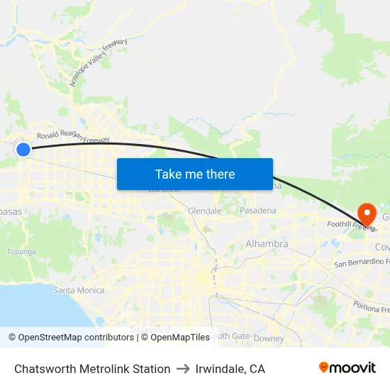 Chatsworth Metrolink Station to Irwindale, CA map