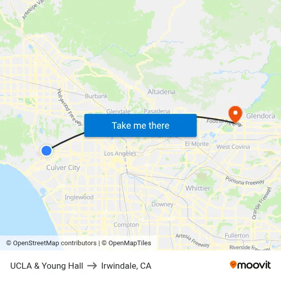 UCLA & Young Hall to Irwindale, CA map