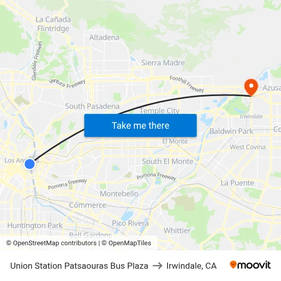 Union Station Patsaouras Bus Plaza to Irwindale, CA map