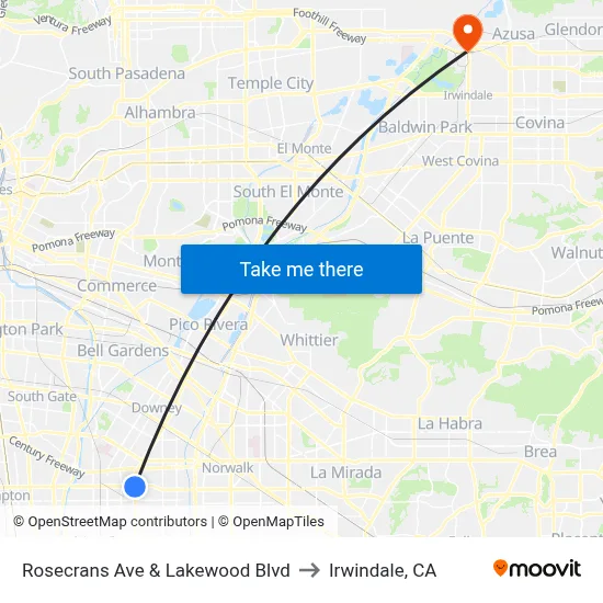 Rosecrans Ave & Lakewood Blvd to Irwindale, CA map