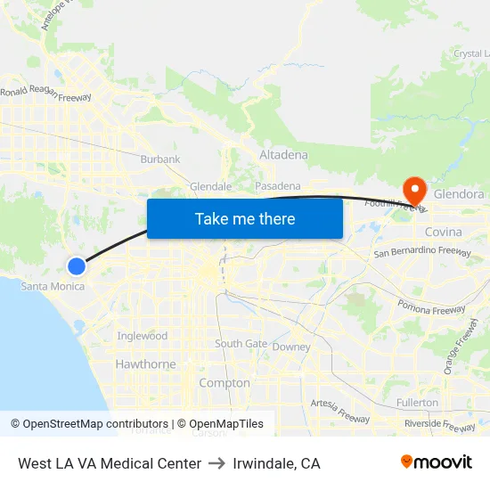 West LA VA Medical Center to Irwindale, CA map
