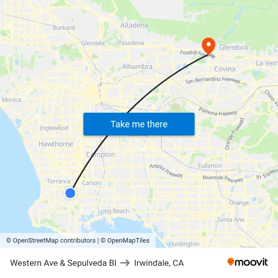Western Ave & Sepulveda Bl to Irwindale, CA map