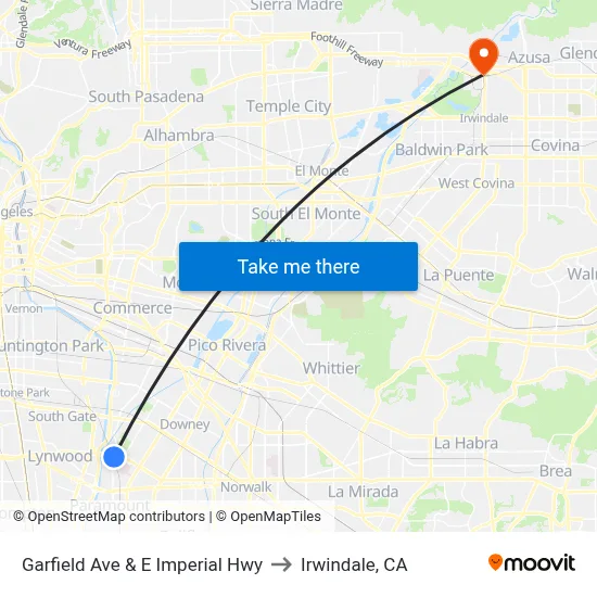 Garfield Ave & E Imperial Hwy to Irwindale, CA map