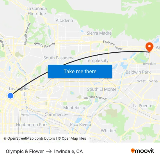 Olympic & Flower to Irwindale, CA map