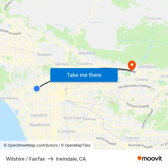 Wilshire / Fairfax to Irwindale, CA map
