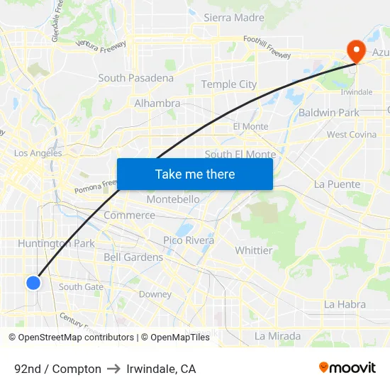92nd / Compton to Irwindale, CA map
