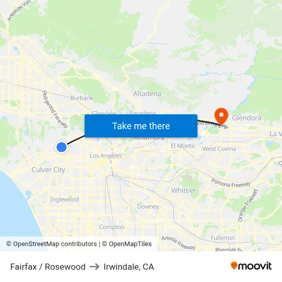 Fairfax / Rosewood to Irwindale, CA map