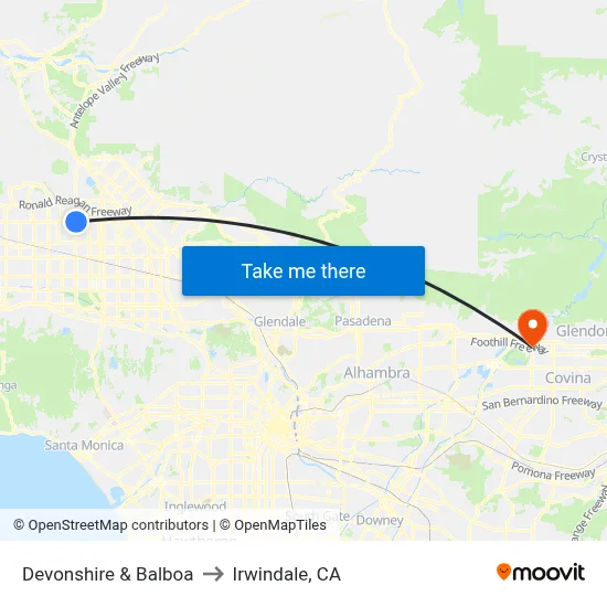 Devonshire & Balboa to Irwindale, CA map