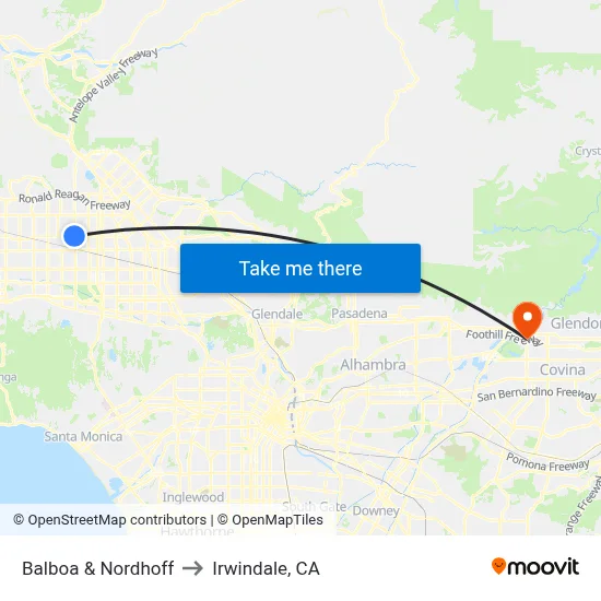 Balboa & Nordhoff to Irwindale, CA map