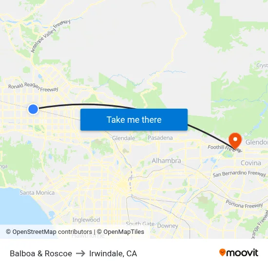 Balboa & Roscoe to Irwindale, CA map