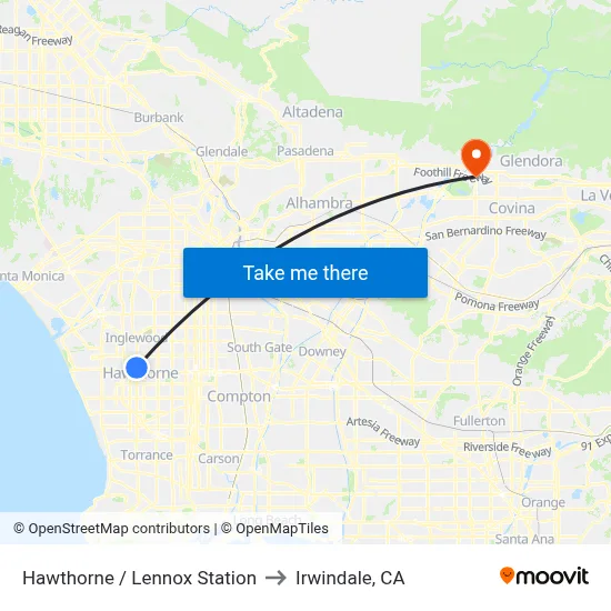 Hawthorne / Lennox Station to Irwindale, CA map
