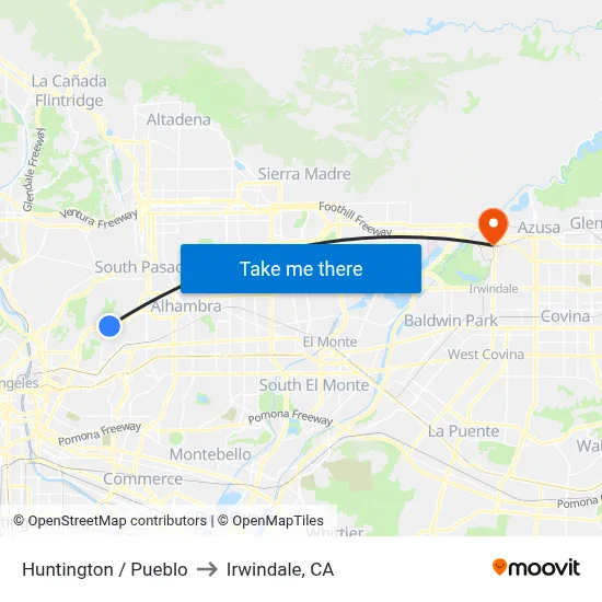 Huntington / Pueblo to Irwindale, CA map
