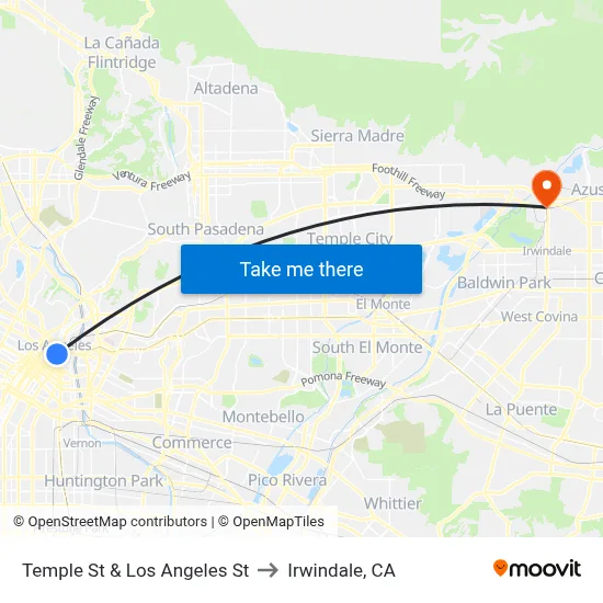 Temple St & Los Angeles St to Irwindale, CA map