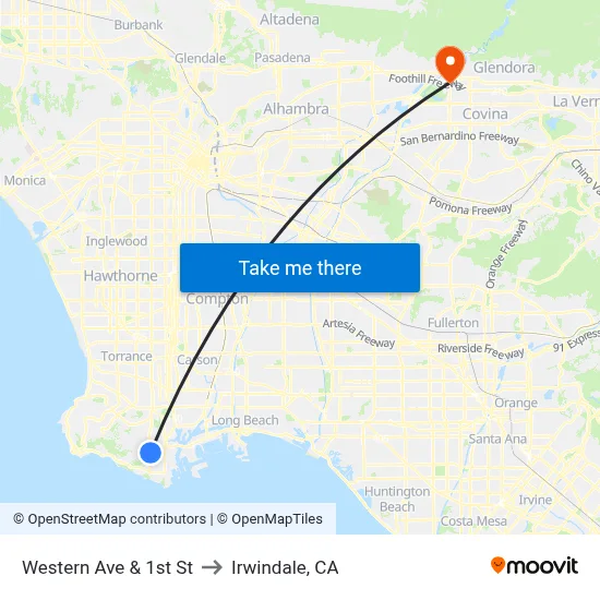 Western Ave & 1st St to Irwindale, CA map
