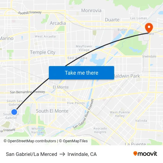 San Gabriel/La Merced to Irwindale, CA map