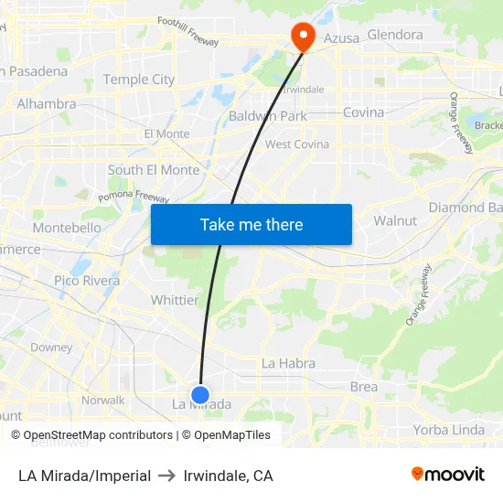 LA Mirada/Imperial to Irwindale, CA map