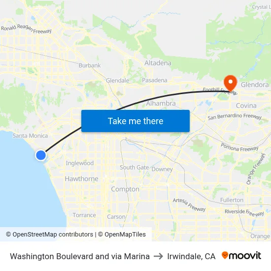 Washington Boulevard and via Marina to Irwindale, CA map