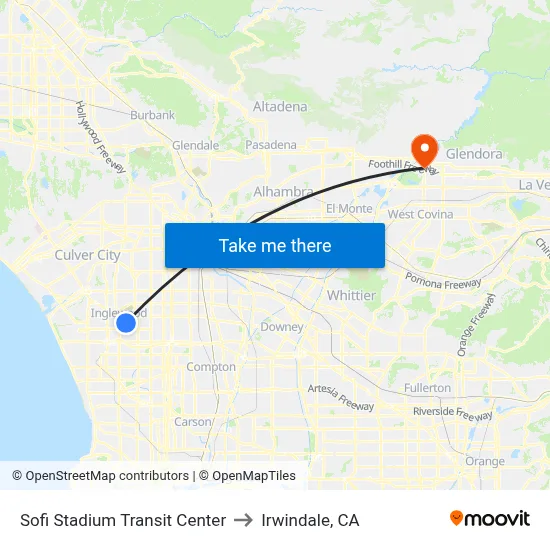 Sofi Stadium Transit Center to Irwindale, CA map