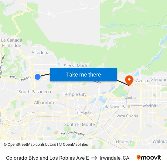 Colorado Blvd and Los Robles Ave E to Irwindale, CA map