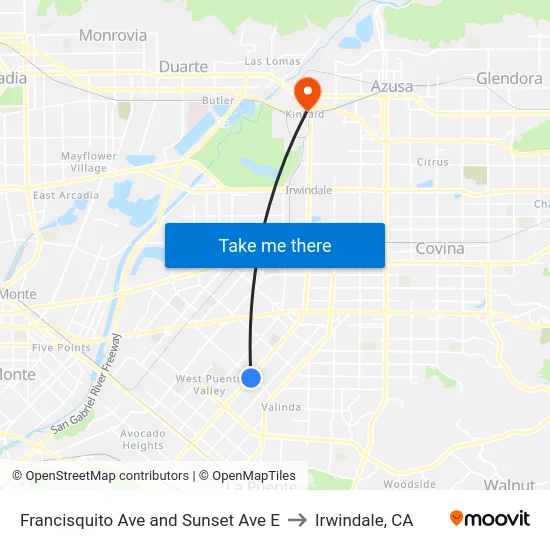 Francisquito Ave and Sunset Ave E to Irwindale, CA map