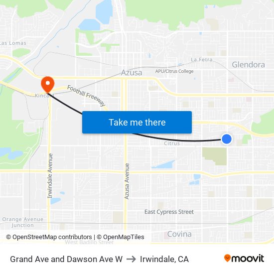 Grand Ave and Dawson Ave W to Irwindale, CA map