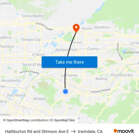 Halliburton Rd and Stimson Ave E to Irwindale, CA map