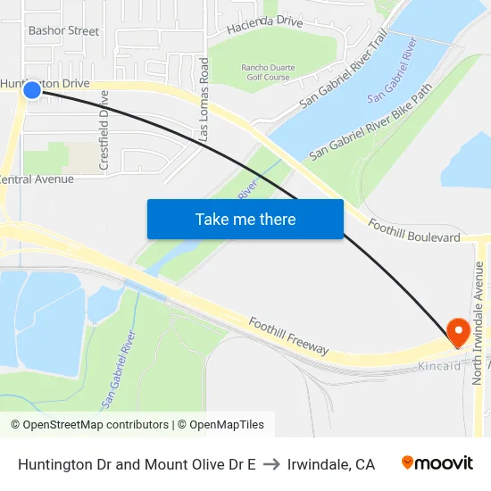 Huntington Dr and Mount Olive Dr E to Irwindale, CA map