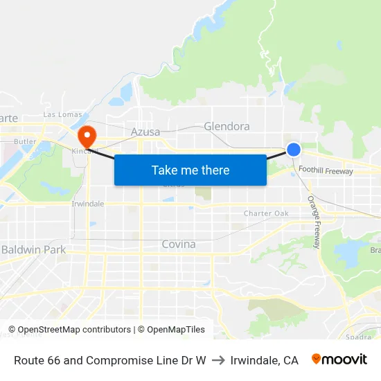 Route 66 and Compromise Line Dr W to Irwindale, CA map