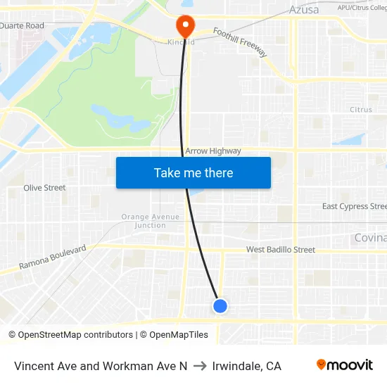 Vincent Ave and Workman Ave N to Irwindale, CA map