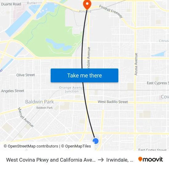 West Covina Pkwy and California Ave W to Irwindale, CA map
