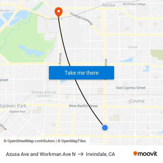 Azusa Ave and Workman Ave N to Irwindale, CA map