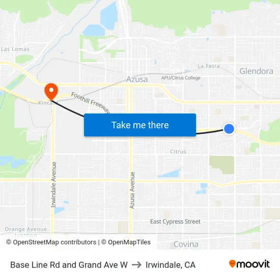 Base Line Rd and Grand Ave W to Irwindale, CA map