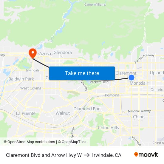 Claremont Blvd and Arrow Hwy W to Irwindale, CA map